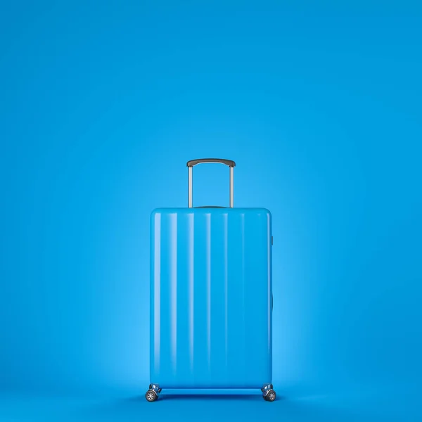 Luminosa Valigia Blu Piedi Sopra Sfondo Blu Concetto Turismo Viaggi — Foto Stock