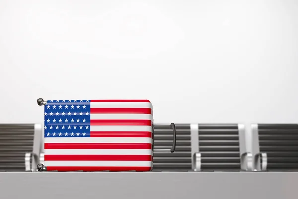Stijlvolle Koffer Met Nationale Vlag Van Verenigde Staten Liggen Luchthaven — Stockfoto