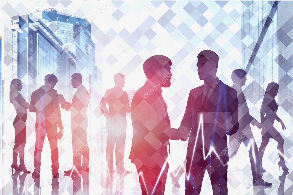 Silhouettes of business people shaking hands and communicating over cityscape background with double exposure of graph. Stock market concept. Toned image
