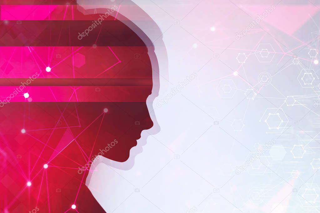 Red silhouette of woman head with double exposure of network interface over white background. Concept of hi tech. Mock up