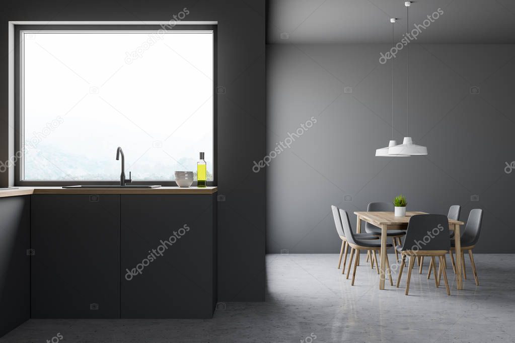 Interior of stylish kitchen with gray walls, stone floor, sink built in dark gray countertop under window and wooden table with gray chairs. 3d rendering