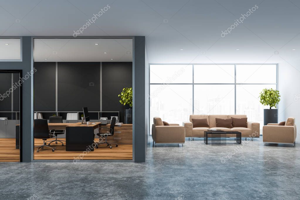 Interior of manager office with black walls and lounge room with beige armchairs and sofa sanding near black and glass coffee table. 3d rendering