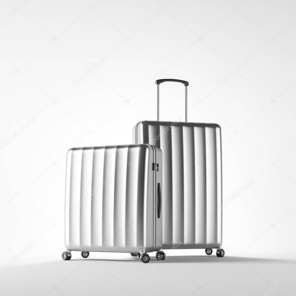 Two stylish silver suitcases standing over white background. Concept of tourism and travelling. 3d rendering