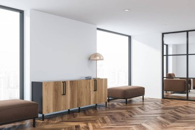 Modern oturma odası beyaz duvarlar, ahşap zemin, geniş pencereler ve ahşap kabin kahverengi divanlar arasında lamba duran ve köşesinde. 3D render