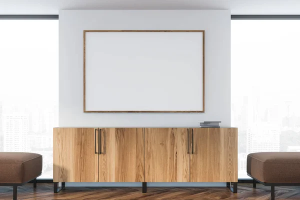 Interior of minimalistic living room with white walls, wooden floor and wooden cabinet with horizontal poster hanging above it standing between windows. 3d rendering mock up