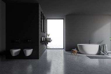 Gri banyo iç, küvet ve tuvalet