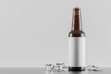 Beyaz arka plan üzerinde buz küpleri ile cam şişe