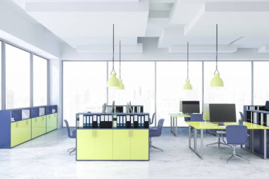 Mavi ve sarı ofis kütüphaneler ile