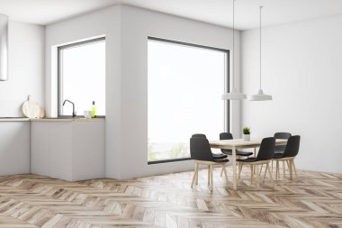 Büyük pencere ve tablo ile beyaz mutfak köşesi