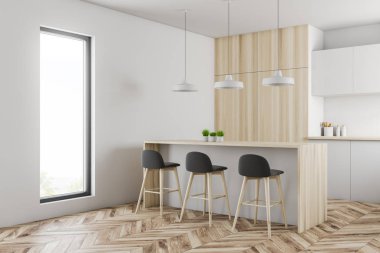 Beyaz ve ahşap mutfak köşe ile bar