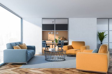 Mavi panoramik oturma odası kanepe yan görünüm