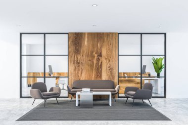 Beyaz ve ahşap ofis bekleme odası