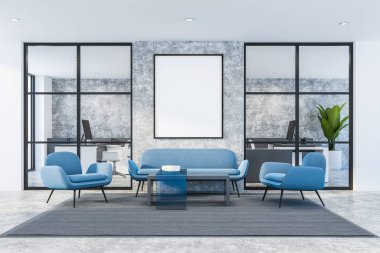 Beyaz ve beton ofis bekleme odasında posteri ile