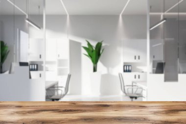 Kütüphaneler ile beyaz ofis görünümünü yan, bulanıklık