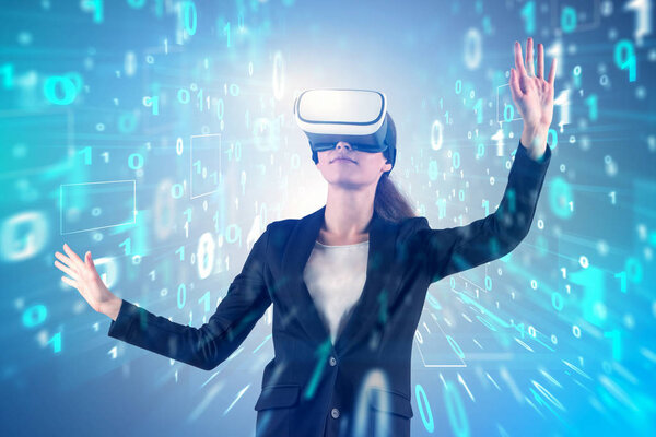Businesswoman in VR glasses, binary numbers