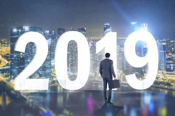 Businessman with briefcase looking at city 2019 — Stock Photo, Image