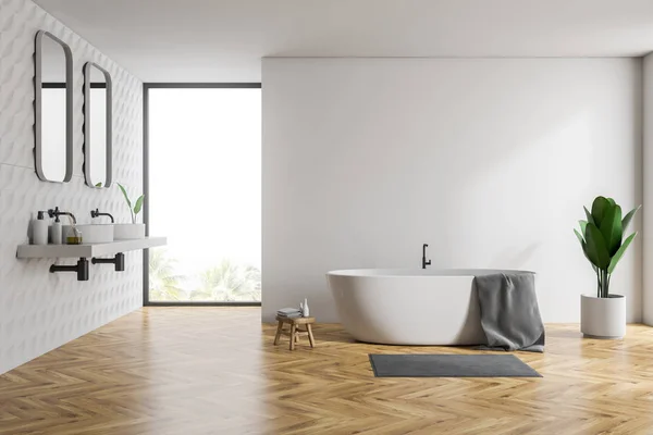 White bathroom interior, tub and sinks — Stock Photo, Image