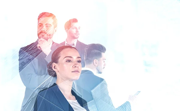 Thoughtful managers team in blue city — Stock Photo, Image