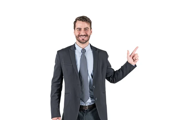 Empresário sorridente apontando com o dedo, isolado — Fotografia de Stock