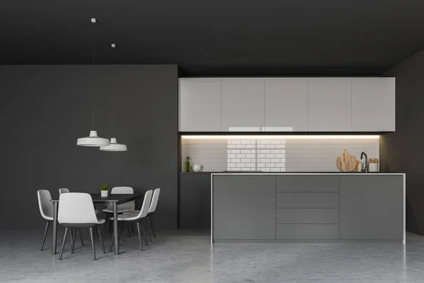 Cocina gris moderna con mesa — Foto de Stock