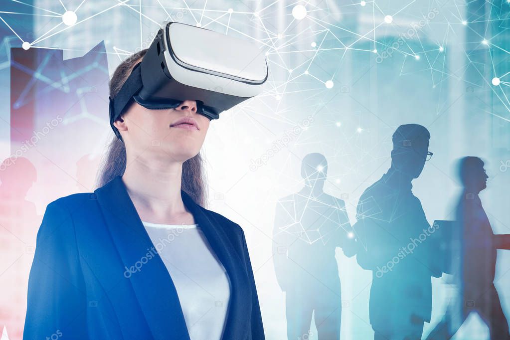 Woman in vr glasses, network interface in city