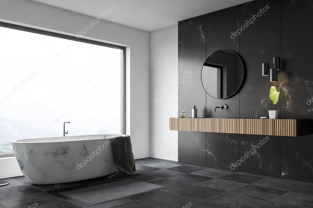 White and black marble bathroom corner, tub, sink