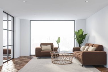 Çatı katında salon iç kahverengi mobilya ile