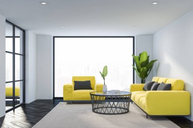 Çatı katında salon iç sarı mobilya ile