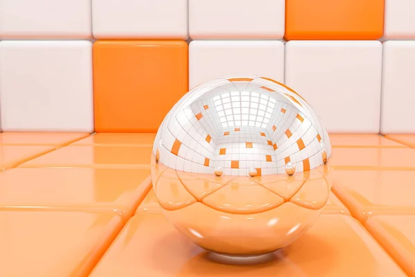 Белый и оранжевый фон плитки со стеклянным шаром — стоковое фото