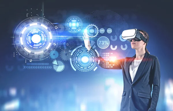 Woman in vr glasses, business infographics — Stock Photo, Image