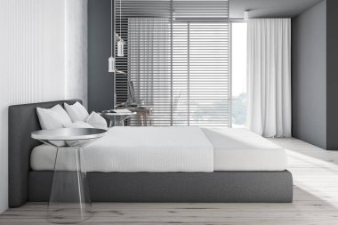 Gri ve beton yatak odası yan görünüm