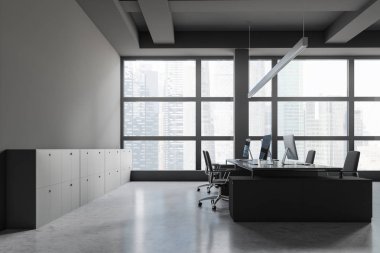 Gri açık alan ofis dolabı ile yan görünüm