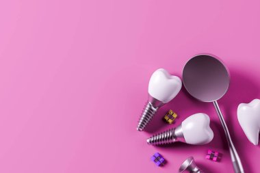 Implant screw teeth and mirror, pink background clipart