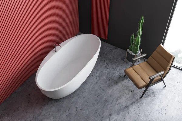 Top view of red bathroom with tub and armchair — Stock Photo, Image