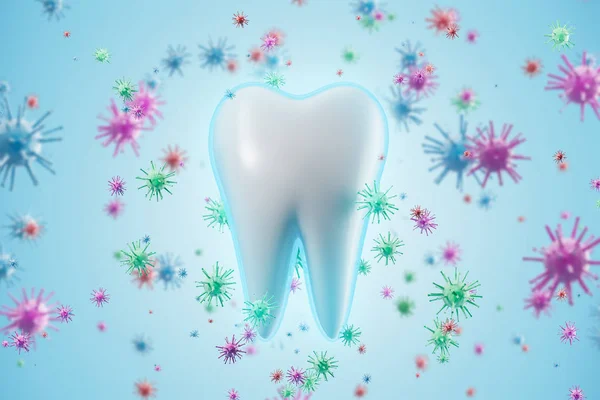 Healthy tooth and blue bacteria background — Stock Photo, Image