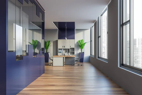 Modré a šedé otevřít prostor kanceláře interiéru — Stock fotografie
