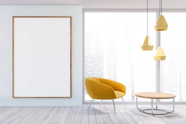 Panoramic living room, yellow armchair and poster