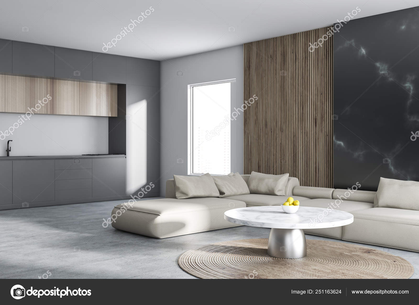 White And Marble Living Room And Kitchen Stock Photo