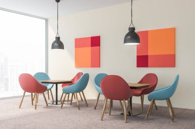 Beyaz Restoran iç ahşap masa, sandalye ile. 3D render