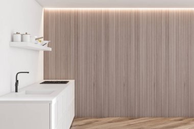 Modern tasarım beyaz mutfak iç pencere ışık ile. 3D render.