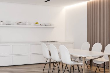 Modern tasarım beyaz mutfak iç pencere ışık ile. 3D render.