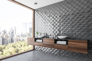 Gri karo banyo köşesi, çift lavabo