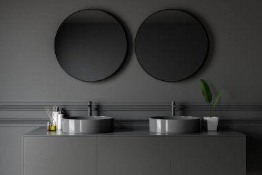 Gri banyo yakın, çift lavabo