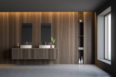 Gri ve ahşap banyo iç, çift lavabo