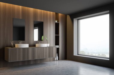 Gri ve ahşap banyo penceresi ile