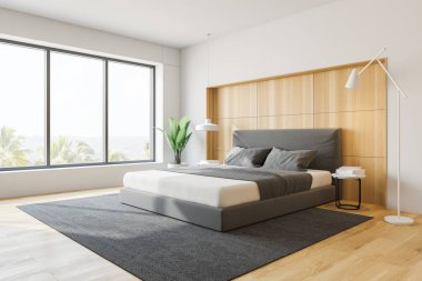 Şık yatak odası iç king size Yataklı, moda bir beyaz yatak ile. 3D render.