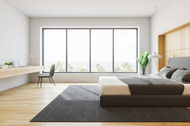 Şık yatak odası iç king size Yataklı, moda bir beyaz yatak ile. 3D render.