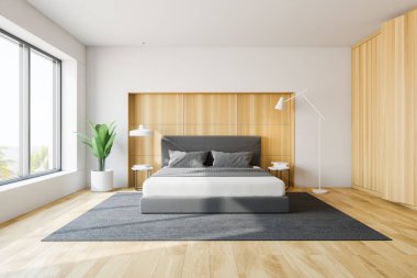 Şık yatak odası iç king size Yataklı, moda bir beyaz yatak ile. 3D render.