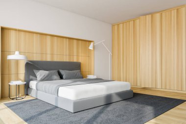 Şık yatak odası iç king size Yataklı, moda bir beyaz yatak ile. 3D render.