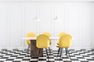 Beyaz Restoran iç ahşap masa, sandalye ile. 3D render